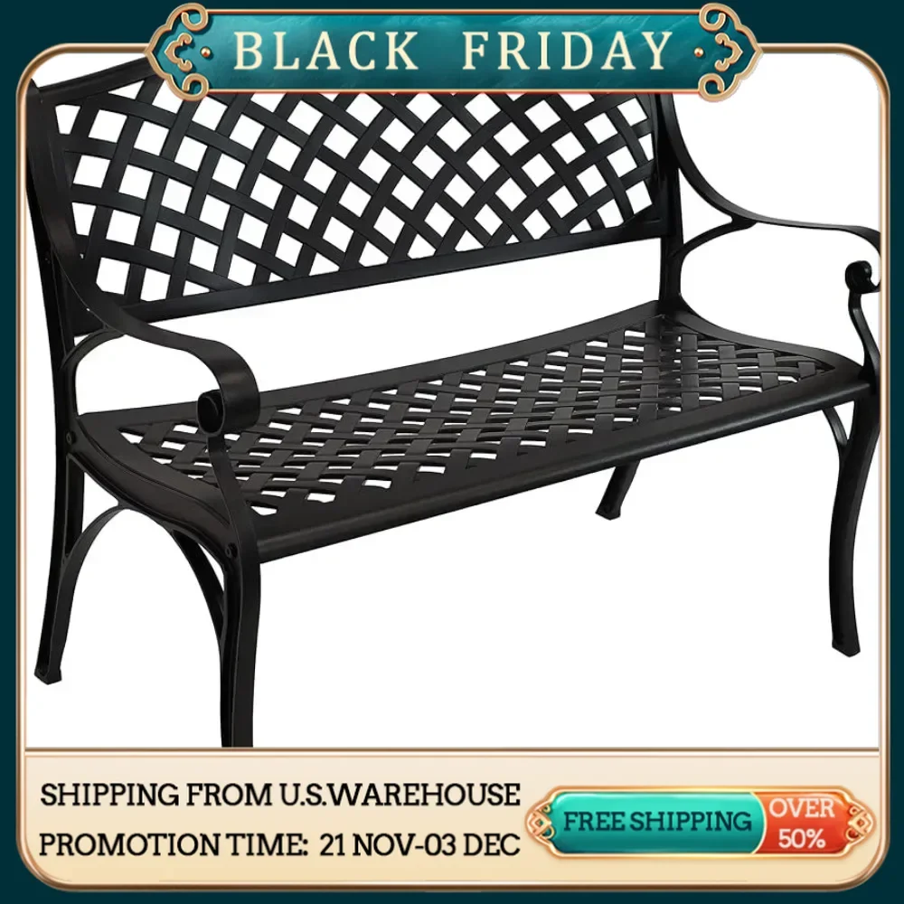 Outdoor bench with 2-person cast aluminum garden bench, square design, 615 pounds load-bearing capacity, black