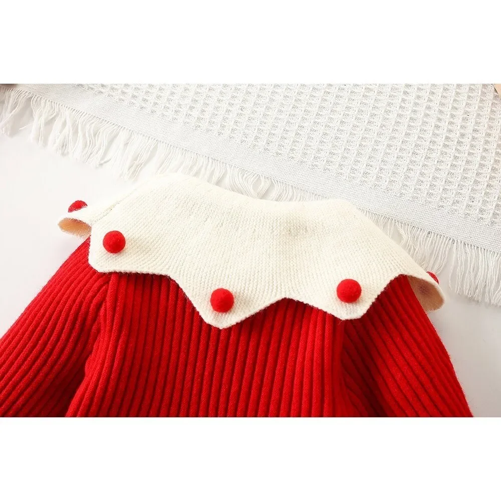 Kids Dresses for Girls Red Christmas Dress Lapel Long Sleeved Wear Sweater Dresses Winter New Years Kids Knitting Clothing