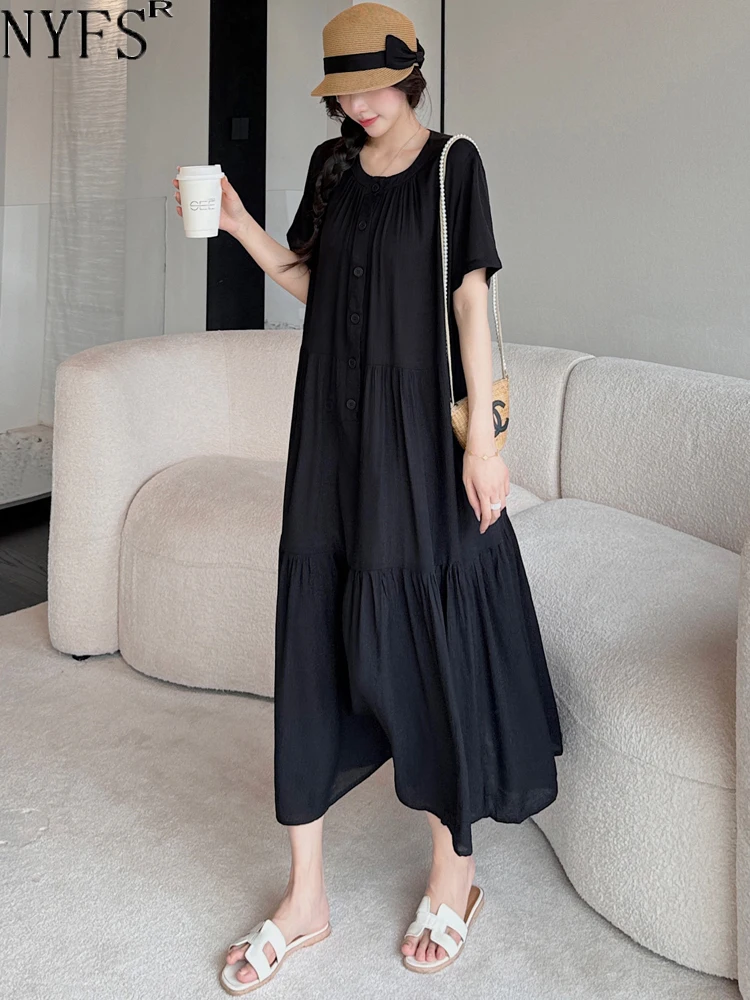 

NYFS 2024 Summer New Korea Woman Dress Vestidos Robe Elbise Loose Plus Size Black Color Short Sleeve Long Dress