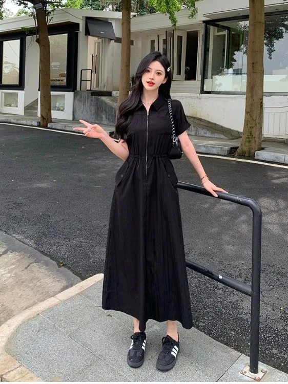 

Elegant plus Size Hepburn Style Dress Summer Drawstring Waist Slimming A-Line Knee-Length Black Dress Korean Style Commute