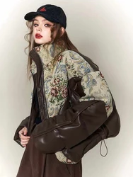 Winter Vintage Jacket Coat Women's Winter Waterproof Embroidered Jacquard Jacket Down Thick Warm Outerwear PU Leather Parka