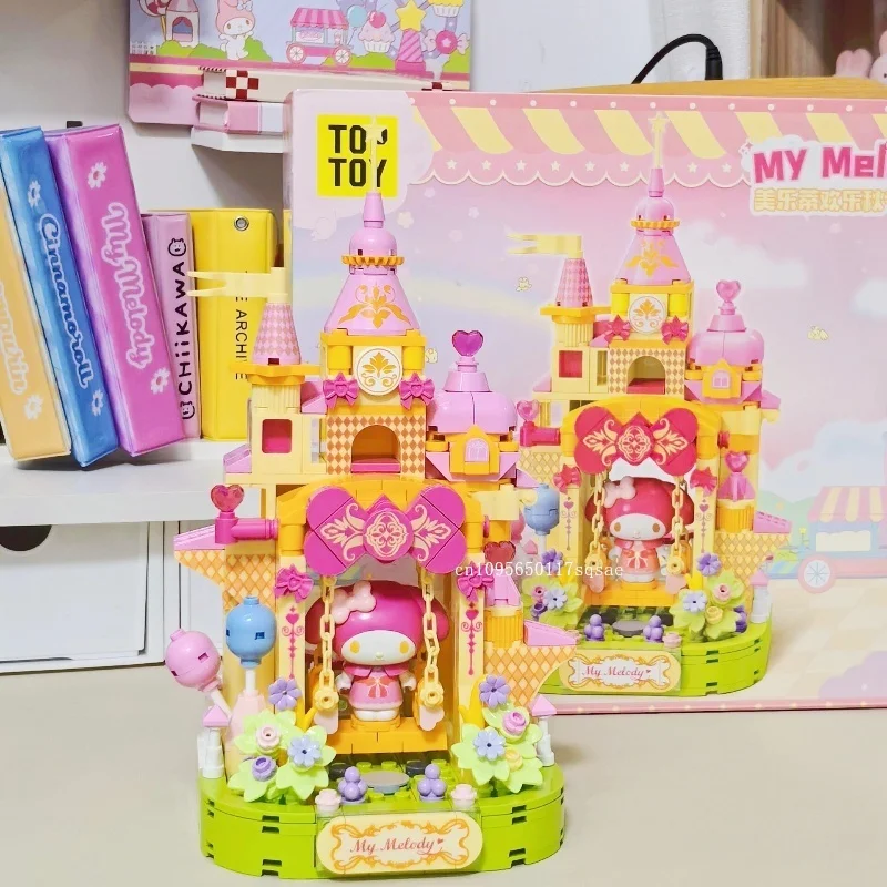 

Sanrio Buidling Blocks Colorful Amusement Park Model Kuromi Pochacco Model Mini Brick Figure Cartoon Puzzle Toys for Kid