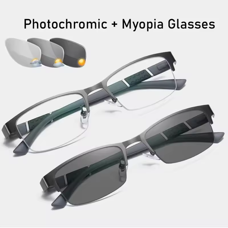 Photochromic Myopia Glasses Vintage Half Frame Metal Blue Light Blocking Near Sight Eyewear Classic UV Shades Sunglasses Diopter