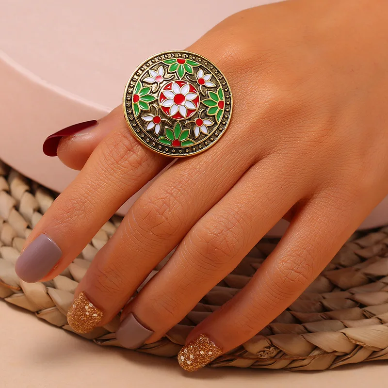 Vintage drip color flower bloom rich jewelry ring women's fashion irregular geometric bohemian ring