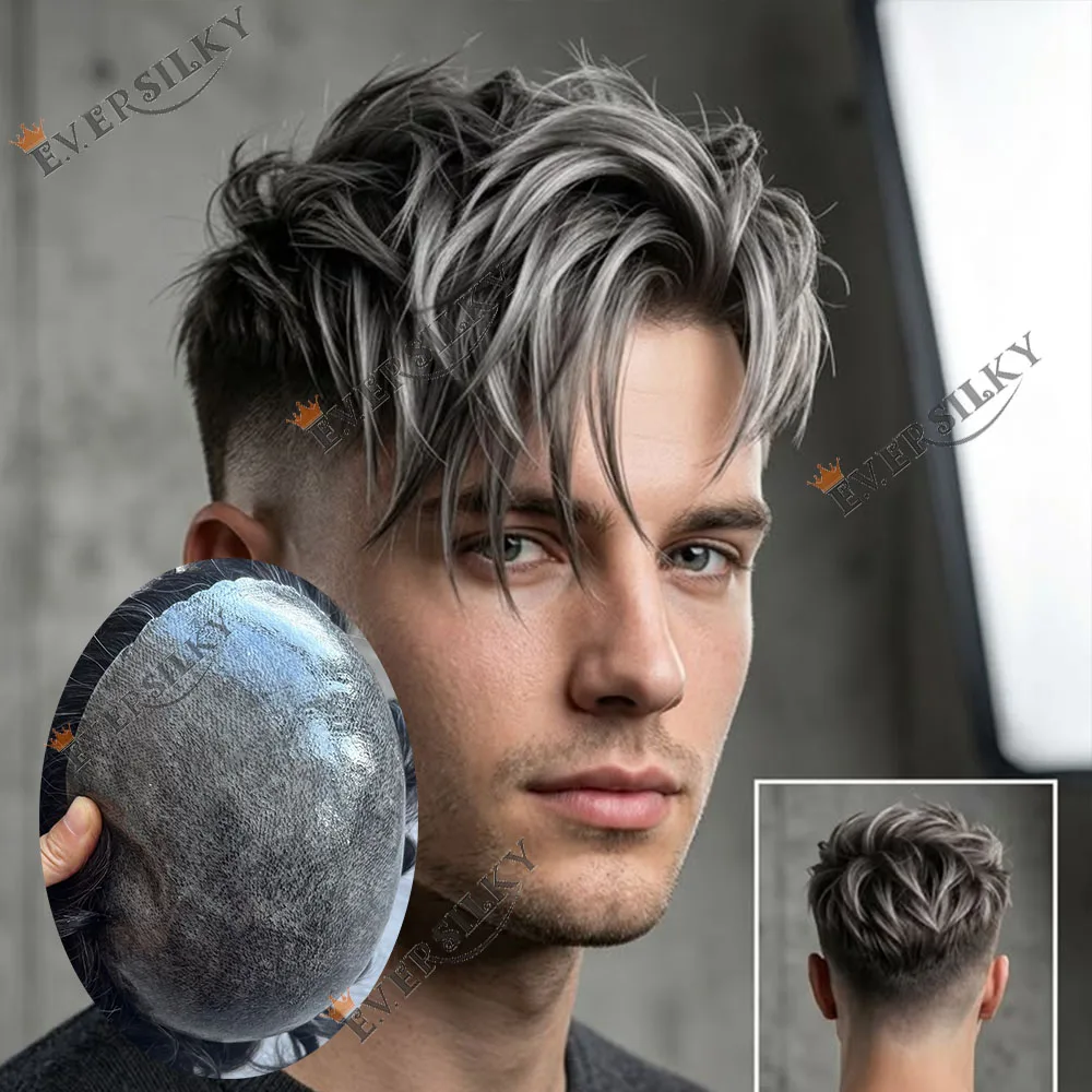 Durable 0.1mm Thin Poly Skin 1b50 1b80 Silver Grey Men's Human Hair Capillary Prosthesis Black Brown Hair Replacement Hairpieces