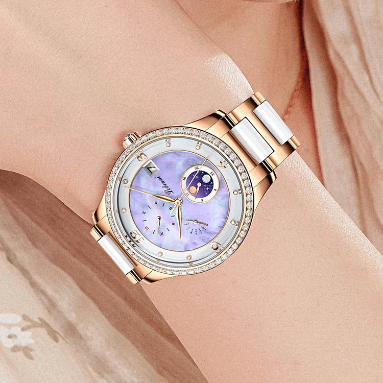 LOBINNI ผู้หญิงนาฬิกาอัตโนมัติ 36 มม.สุภาพสตรี Meachanical นาฬิกาข้อมือ 50M กันน้ํา Sapphire สัปดาห์ 24 ชั่วโมงวันที่สัปดาห์เดือน