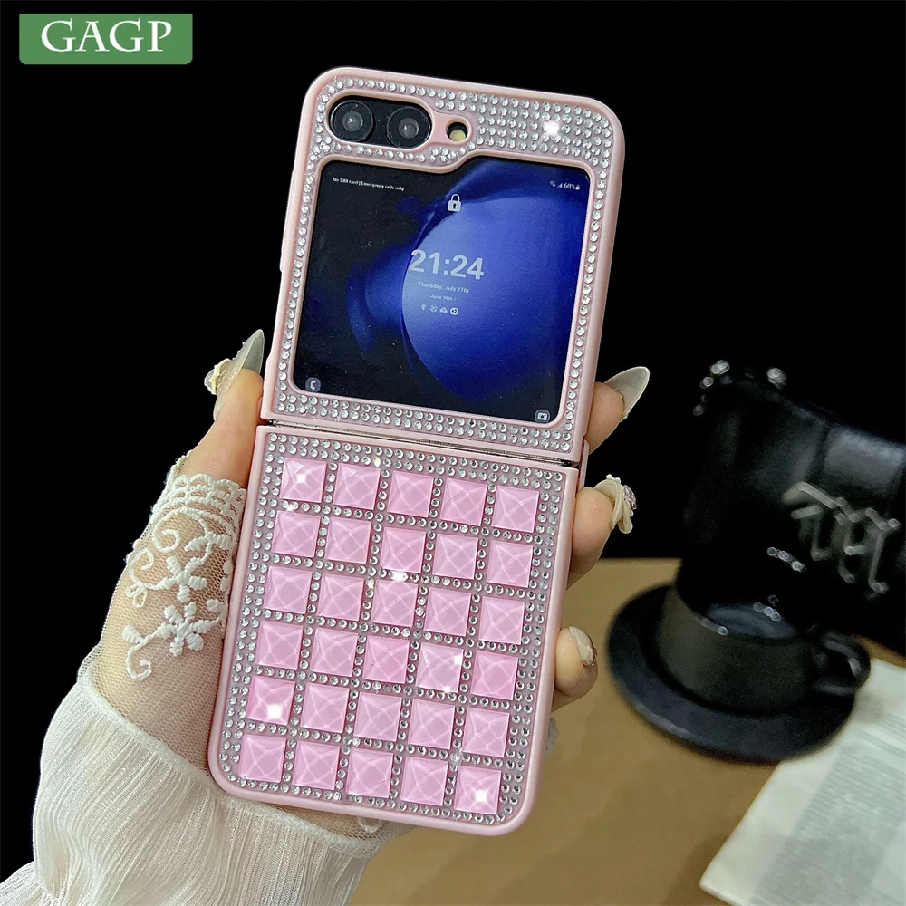 Luxury Bling Diamond Case for Samsung Galaxy Z Flip 6 5 4 3 Lattice PC Shinny Cover for Samsung ZFlip 6 5 ZFlip6 Girl's Cover