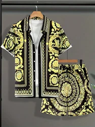 Men's Two Pieces Baroque Style Summer Outfits, Pair of Lapel Collar Short Sleeve Shirt and Drawstring Shorts