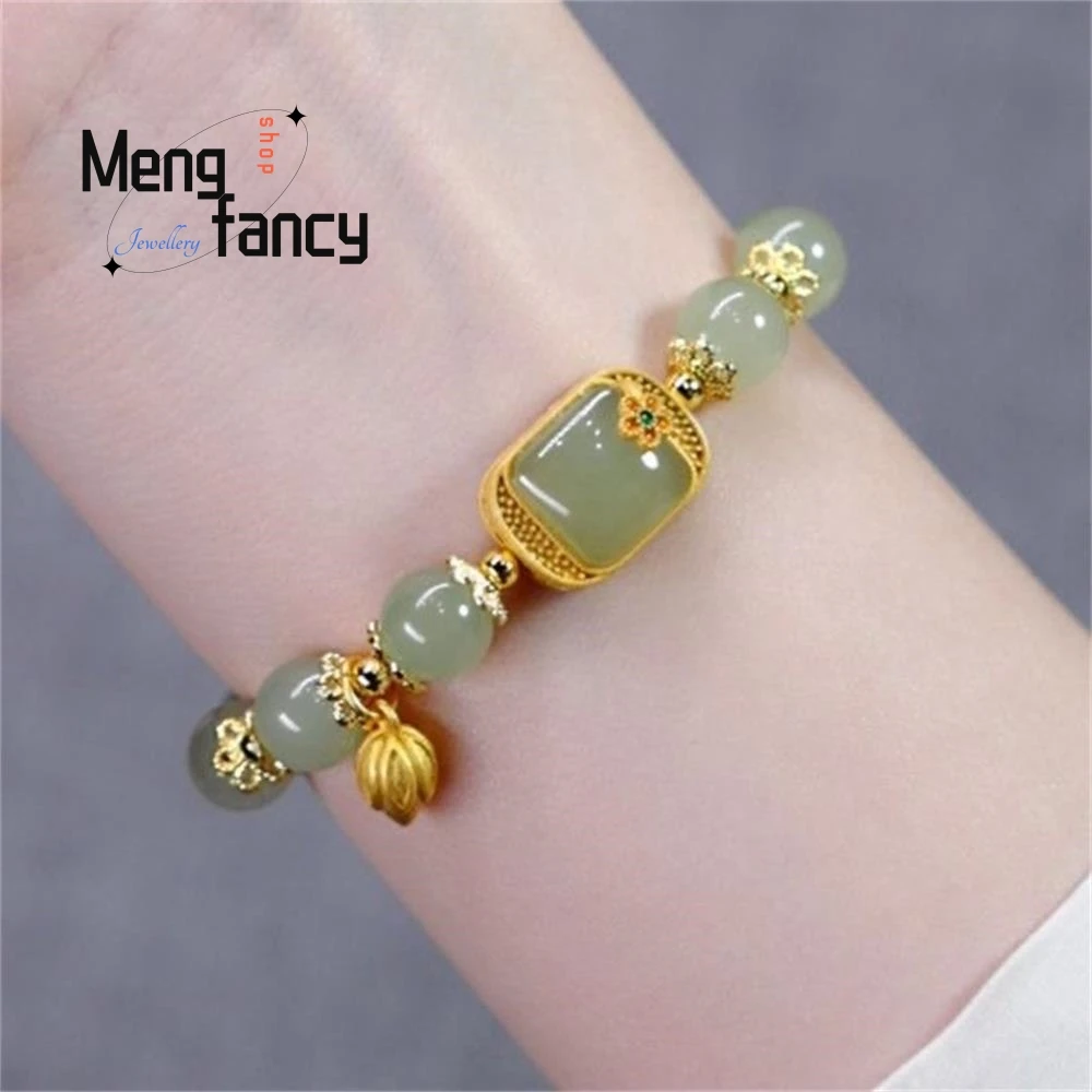 New Natural Hetian Jade Square Sugar Lotus Bracelet Exquisite Elegant Sexy Young Girls Best Selling Fashion Luxury Fine Jewelry