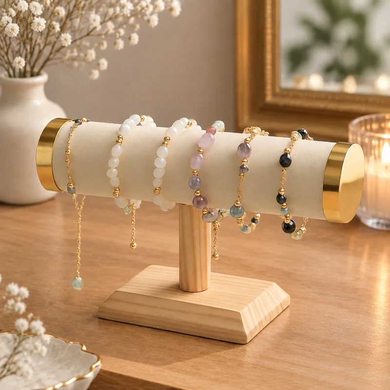 Stylish Gold T-Bar Jewelry Stand for Bracelets, Necklaces, Watches, and Hair Accessories - Durable Metal Display Rack