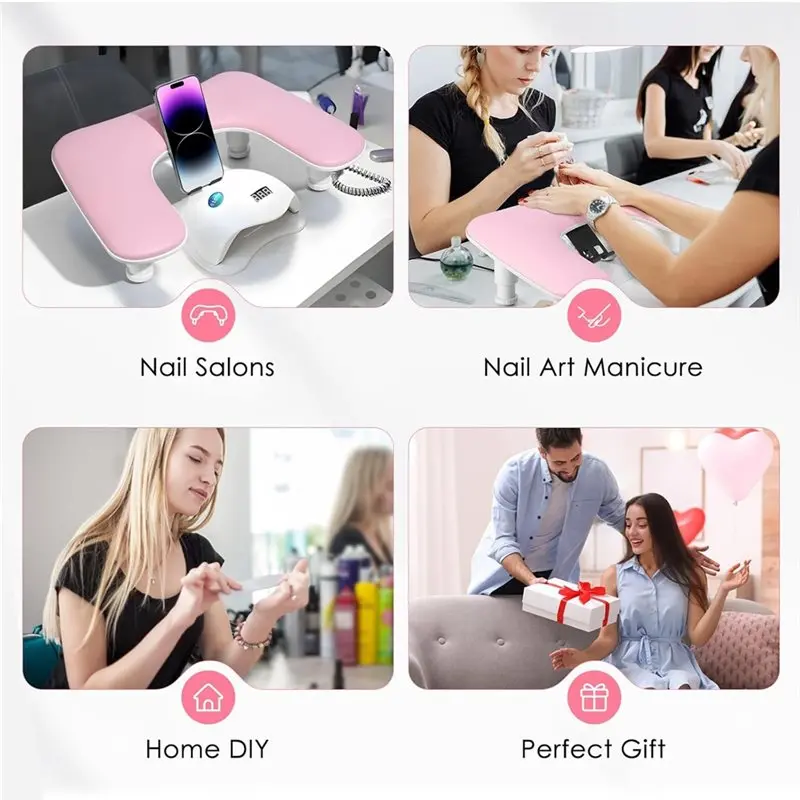 Meilleur de repose-bras pour manucure réglable en hauteur en forme de 2025-U pour technologie des ongles, support de téléphone rotatif inclus rose
