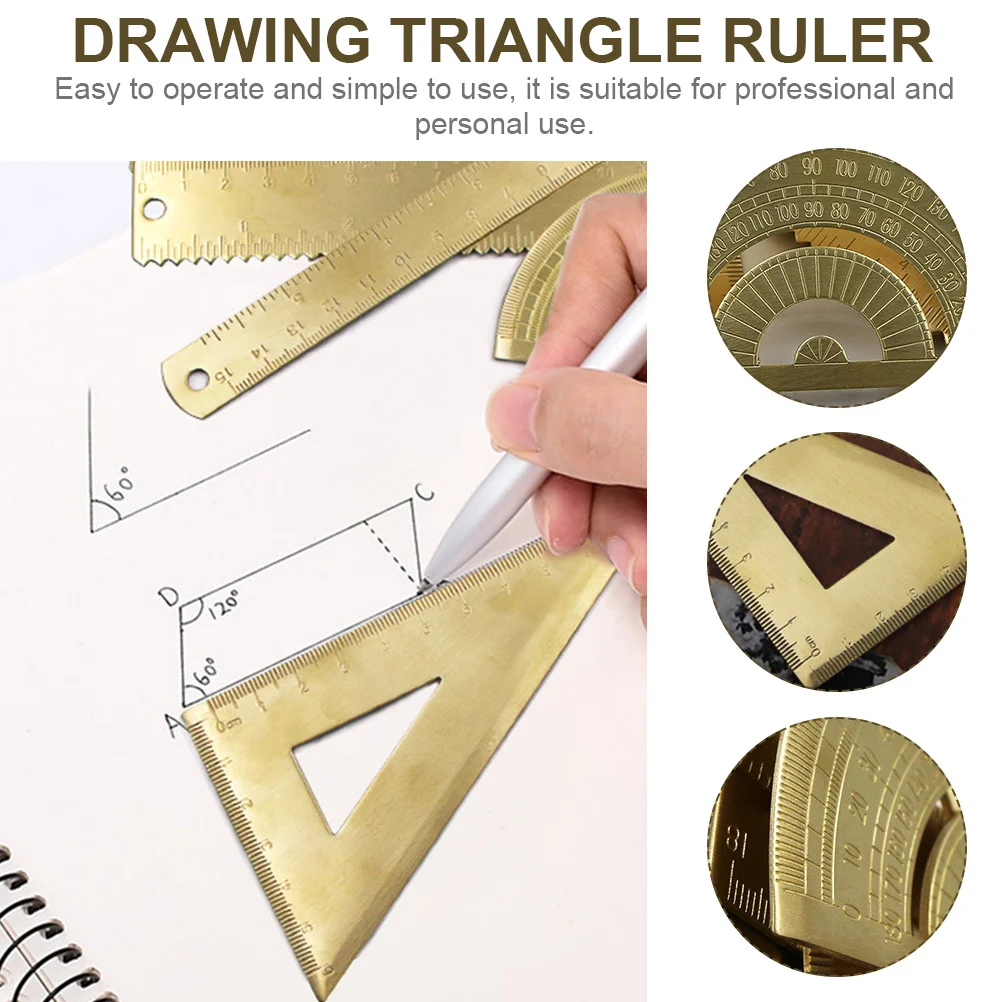 STOBOK Brass Triangle Ruler with Protractor Precision Drawing Tool Lightweight Portable for Art Craft School Professional Use