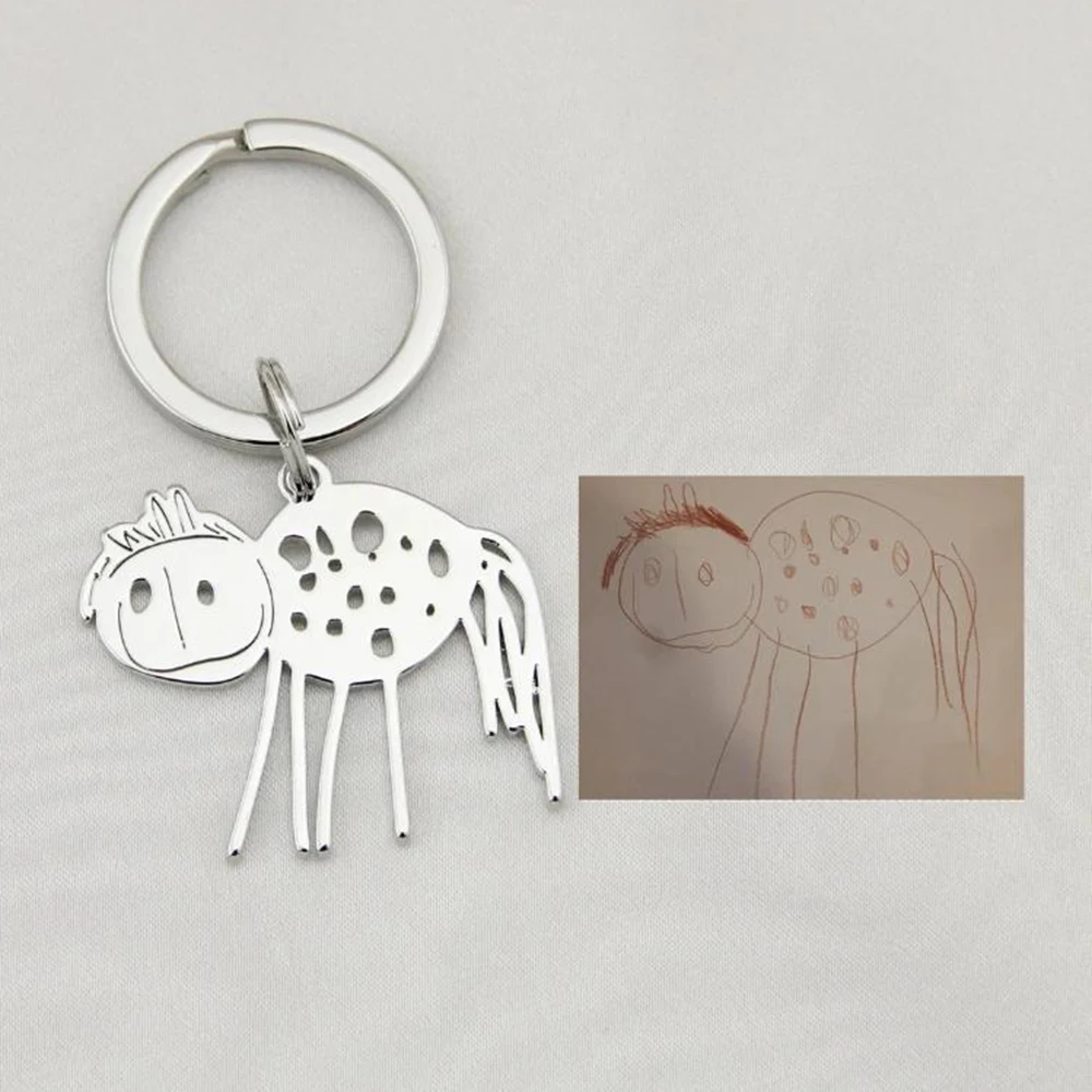 Customized actual children's painting keychain, Personalized photo art work keychain, Dad's memorial gift