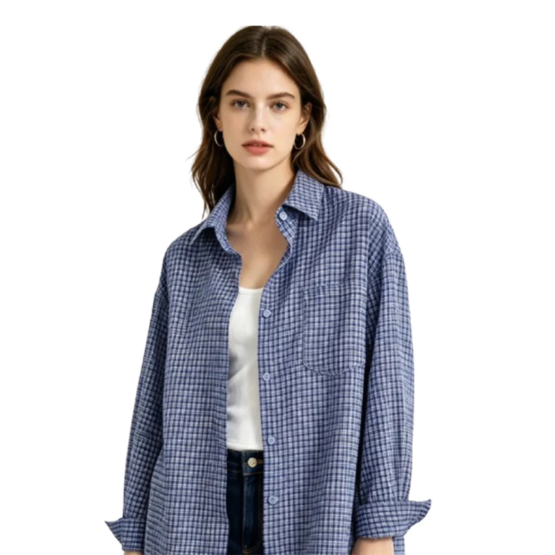

Women's Vintage Blue Plaid Long Sleeve Shirt Loose Oversized Casual Button Up Blouse Y2K Streetwear Tops
