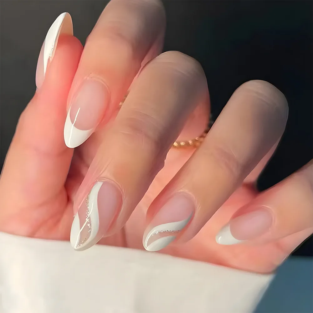 24Pcs Mid-length Almond Fake Nail French White Flower Design Press on Nails Shiny Powder Rhinestone Detachable False Nails Tips