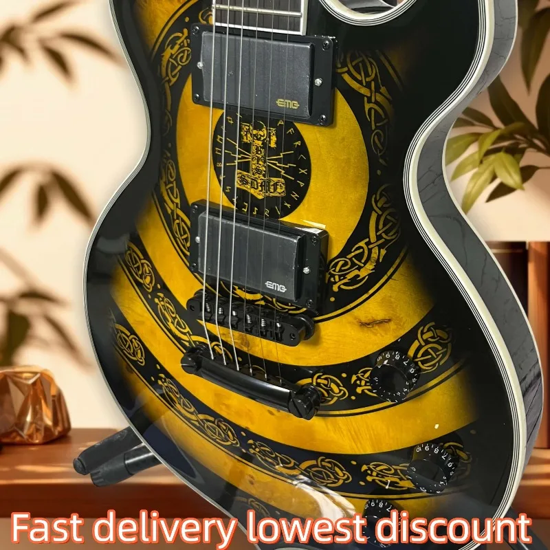 Hot Sales 6 String Wy Style Electric Guitar Yellow Black Graphic Top HH Pickups Fixed Bridge Metal Rock Guitar Beginner