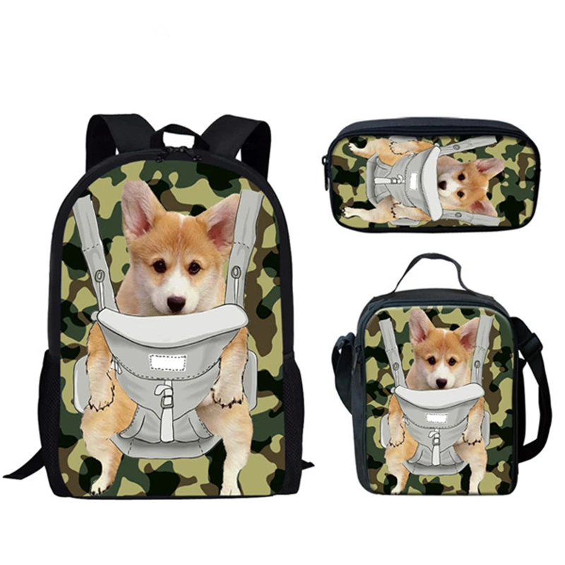 Classic Popular New Animal Corgi Baby 3D Print 3pcs/Set Student School Bags Laptop Daypack Backpack Lunch bag Pencil Case