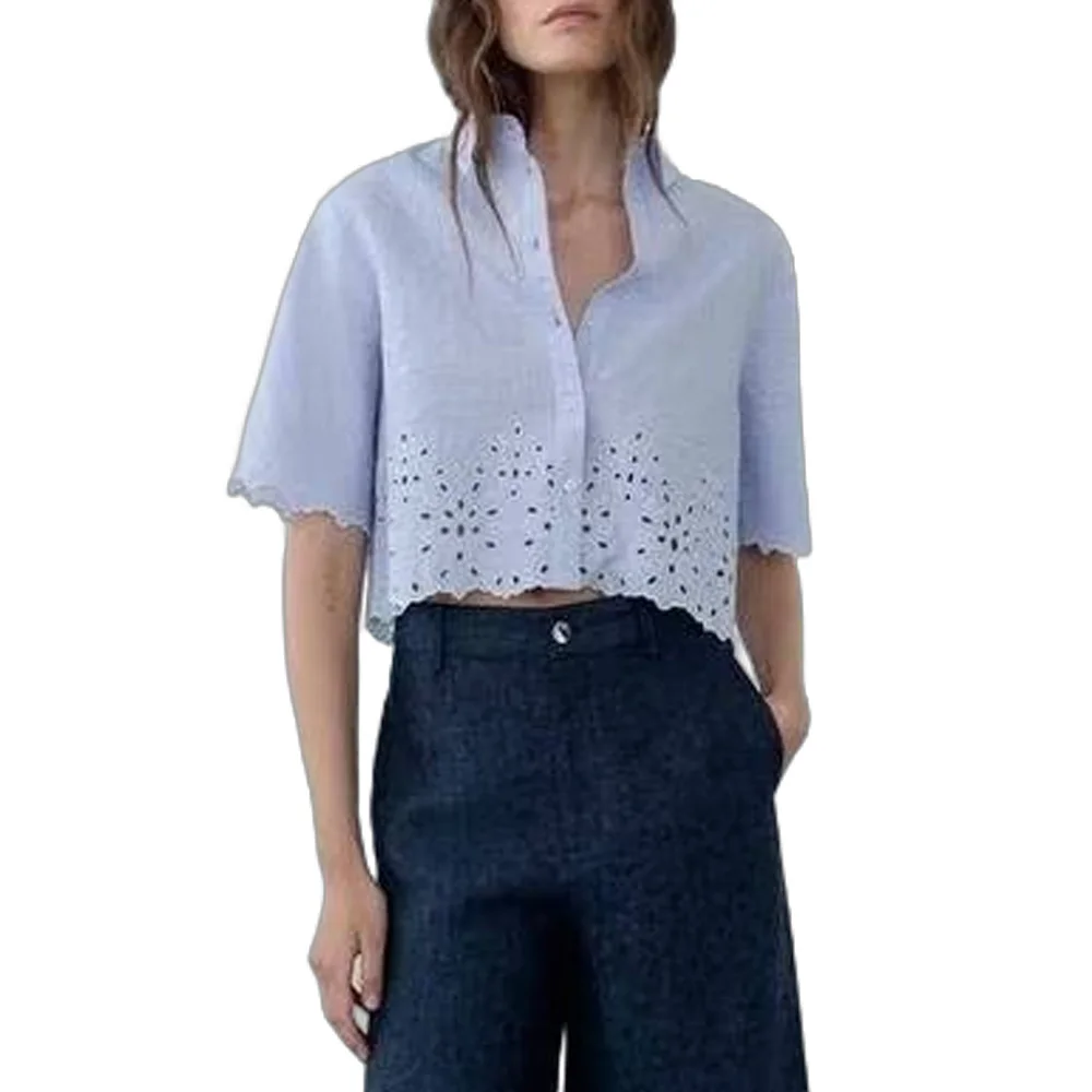 Women\'s Hollowed-Out Embroidery Shirt with Single Breasted Buttons Versatile Short Sleeved Top for Commuting Style New