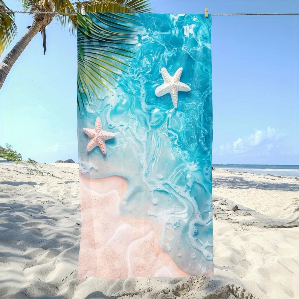 Ocean Wave  Starfish Beach Towel, Vibrant Blue and Pink Swirl Art Quick-Dry Sand-Free Microfiber Bath Towel for Pool and Summer