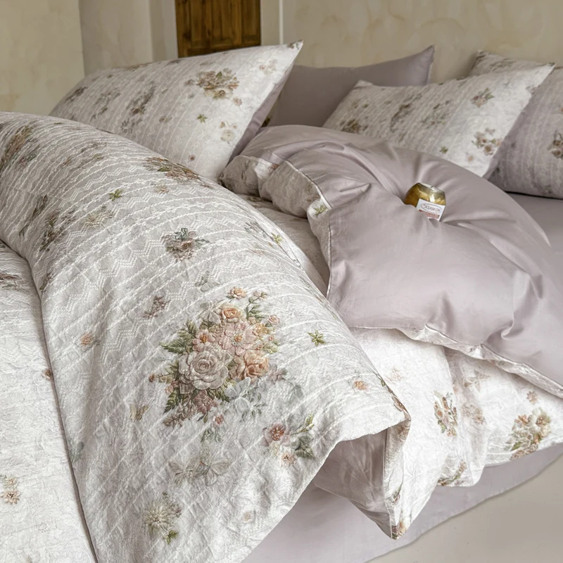 60S Washed Embossed Jacquard Cotton Bedding Set, Vintage Country Style Floral Print Duvet Cover 100% Cotton Bed Sheet Pillowcase
