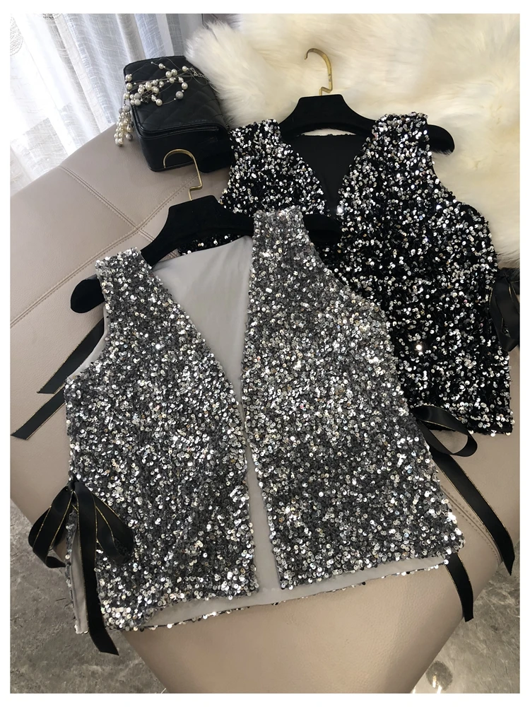 Fashion Women\'s New Heavy Industry Sparkling Sequin Vest Loose Lace Short One Hundred Matching Shirts Small Cardigan Tops