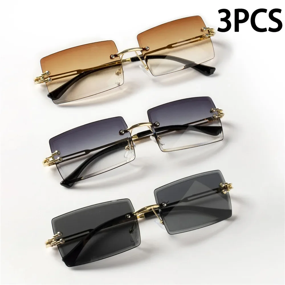 

3PCS Fashion Rimless Sunglasses Women Trendy Small Rectangle Sun Glasses Summer Traveling Style Brown Shades for men