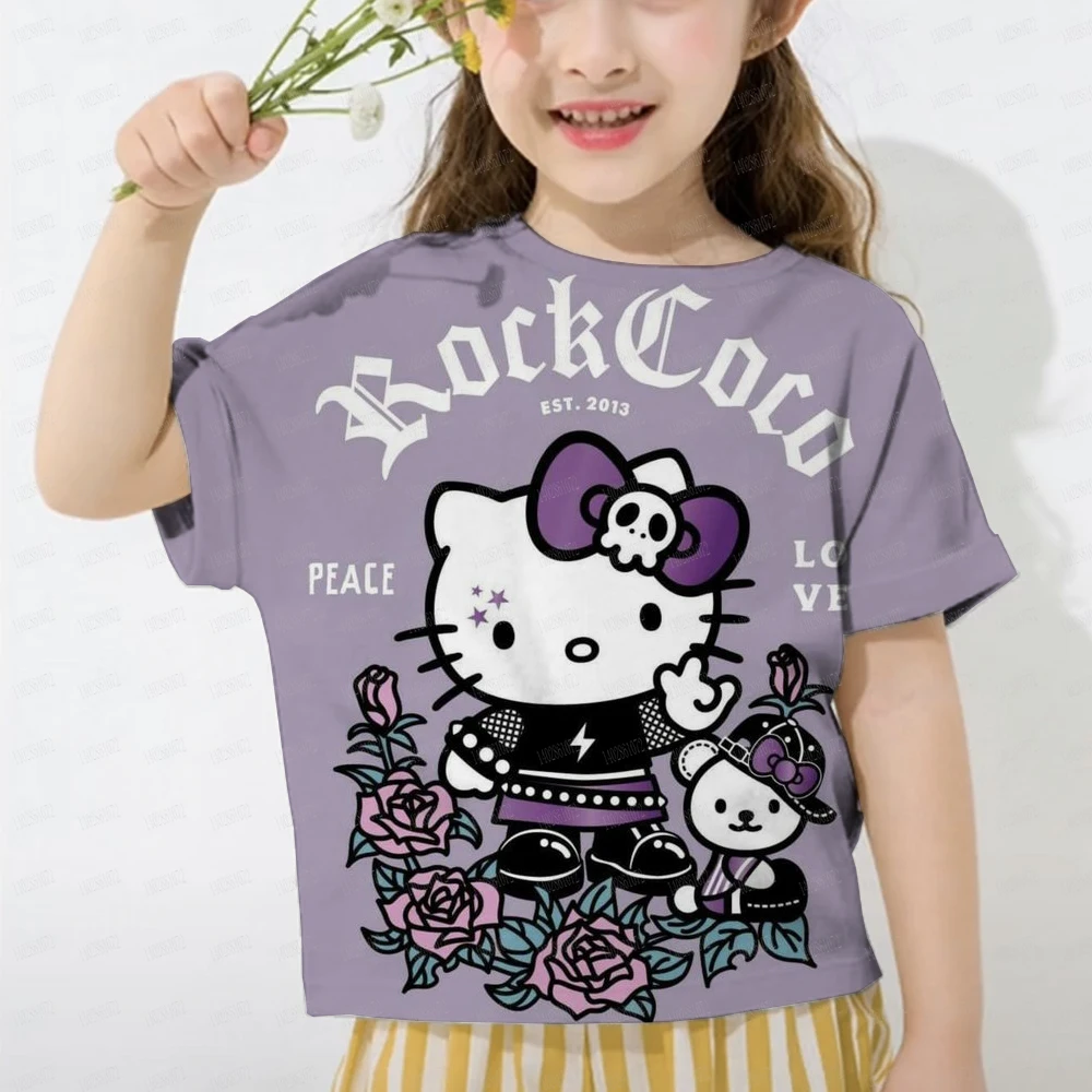 New Summer Girls T-shirt Fashion Cartoon Cute Cinnamon Cat and Hello Kitty 3D Printed T-shirt Children\'s Short Sleeve Kuromi