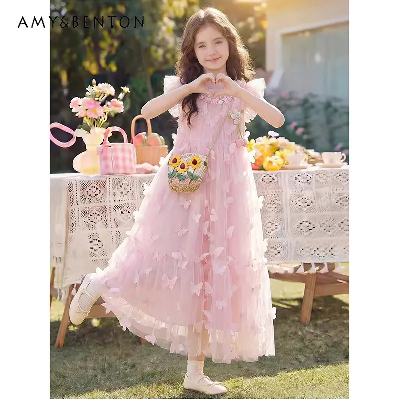 

Unique and Beautiful Girls Pink Princess Dress New Summer 2026 Kids High End Heavy Floral Feifei Sleeve Loose Fit Maxi Dresses