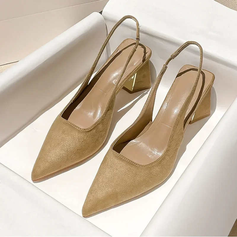 2024 Woman Brown Chunky Heel Slingback Mules Casual Pointed Shallow Mouth Heels Vintage Black Office High Shoes Women New