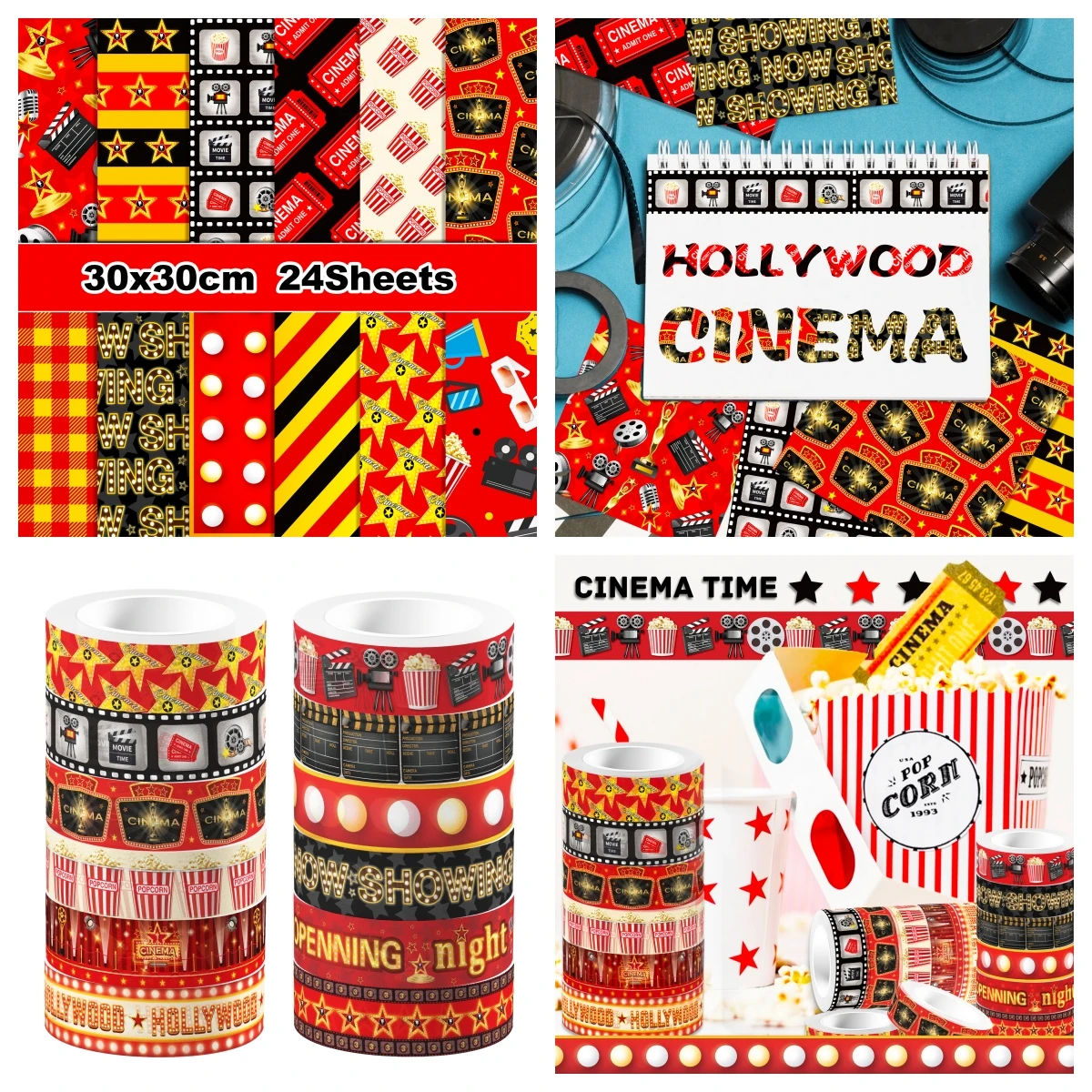 Vintage Film Cinema Theme Background Paper and Washi Tape Sticker DIY Scrapbooking Collage Stationery Decor Diary Craft Material