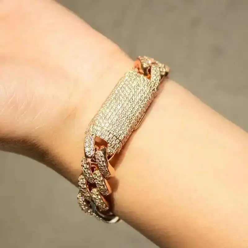 

Ювелирные изделия в стиле хип-хоп, мужской браслет, двухцветный, 12 мм, 15 мм, стерлинговое серебро 925 пробы, VVS, муассанит, бриллиант, кубинский браслет-цепочка