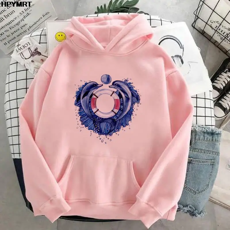 

2022 Fashion pocket Hooded cartoon animal Graphics Tops Dolphin Print Spring Autumn Casual long sleeves Hipster women clothing