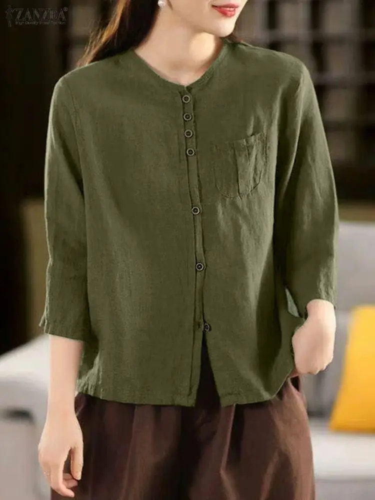 ZANZEA Vintage Koszule Damskie z Bawełny i Lnu Casualowe z Okrągłym Dekoltem, Długim Rękawem, Zapinane na Guziki, Jednolite Kolory, Wiosna 2026, Odzież Damska S-3XL