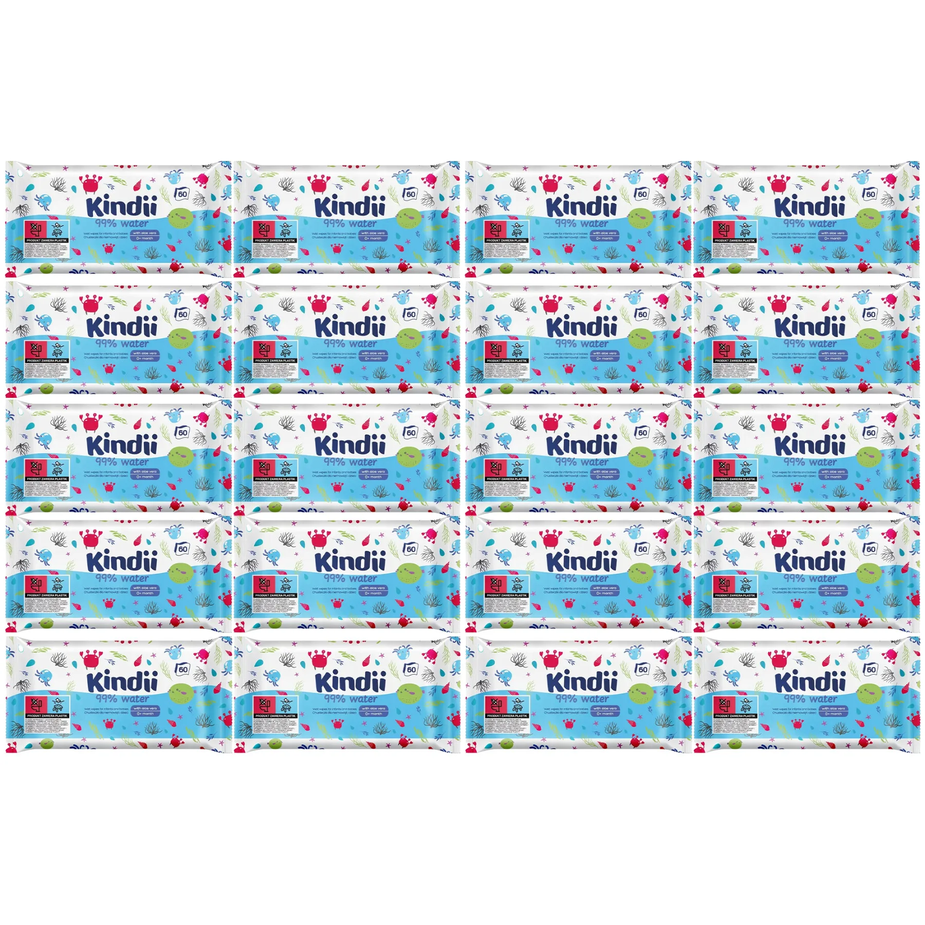 Chusteczki nawilżane dla niemowląt i dzieci Kindii 99% WODA AloeVera 20szt