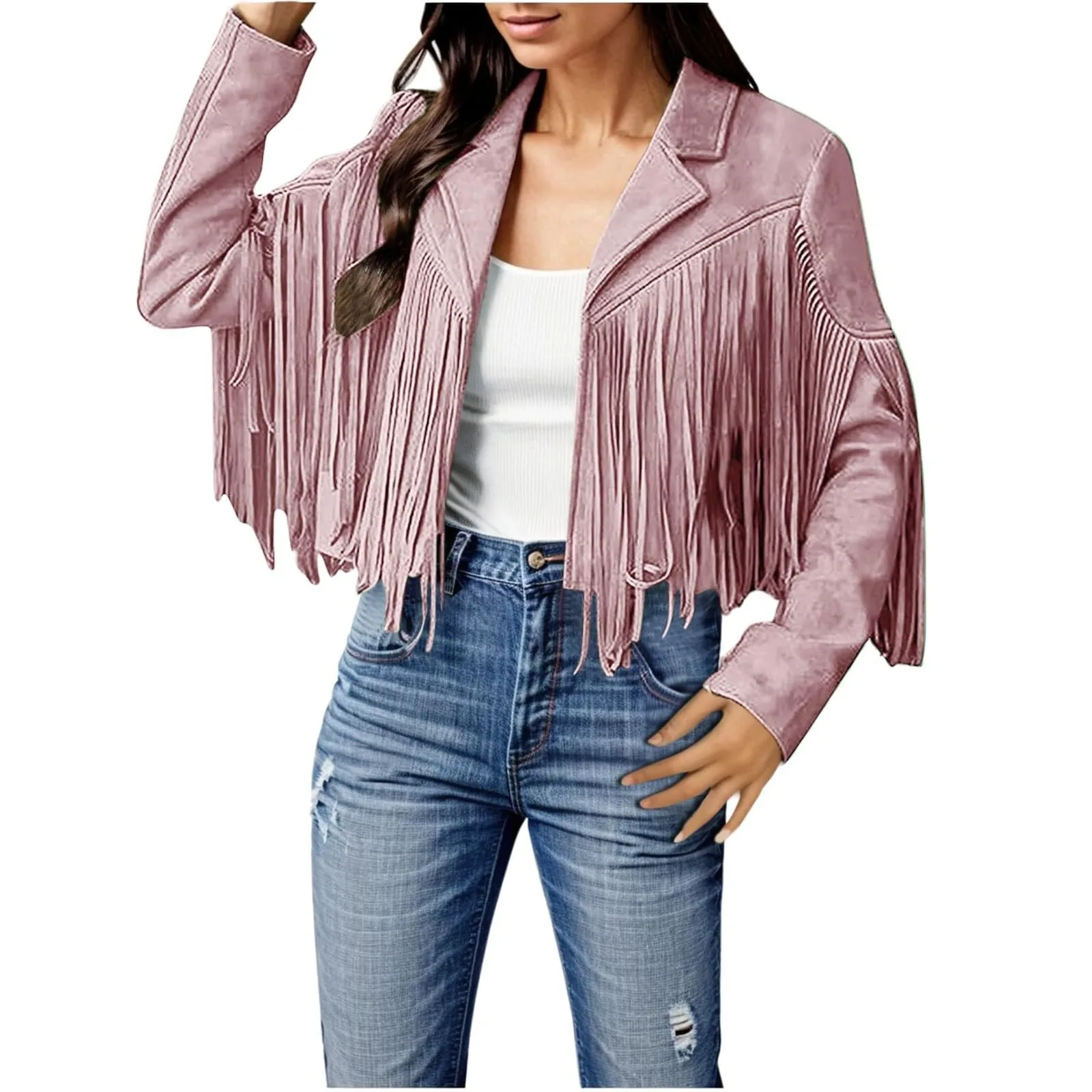 Women Y2k Fringed Hem Tassel Cardigan Crop Tops E-girl Motor Biker Jacket Suede Leather Jacket 90s Vintage Streetwear Coat Cool