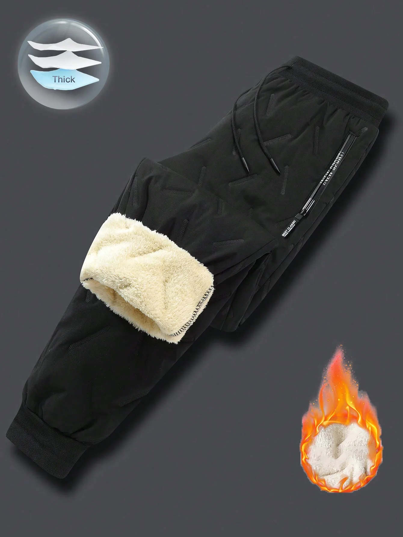 

Men's Thick Fleece-Lined Drawstring Waist Jogger Pants, Black Loose Fit for Cold Weather