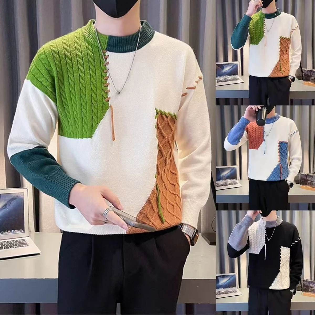 

Мужской вязаный свитер на подкладке Fce, осень-зима, молодежный студенческий базовый слой, корейский модный брендовый пуловер