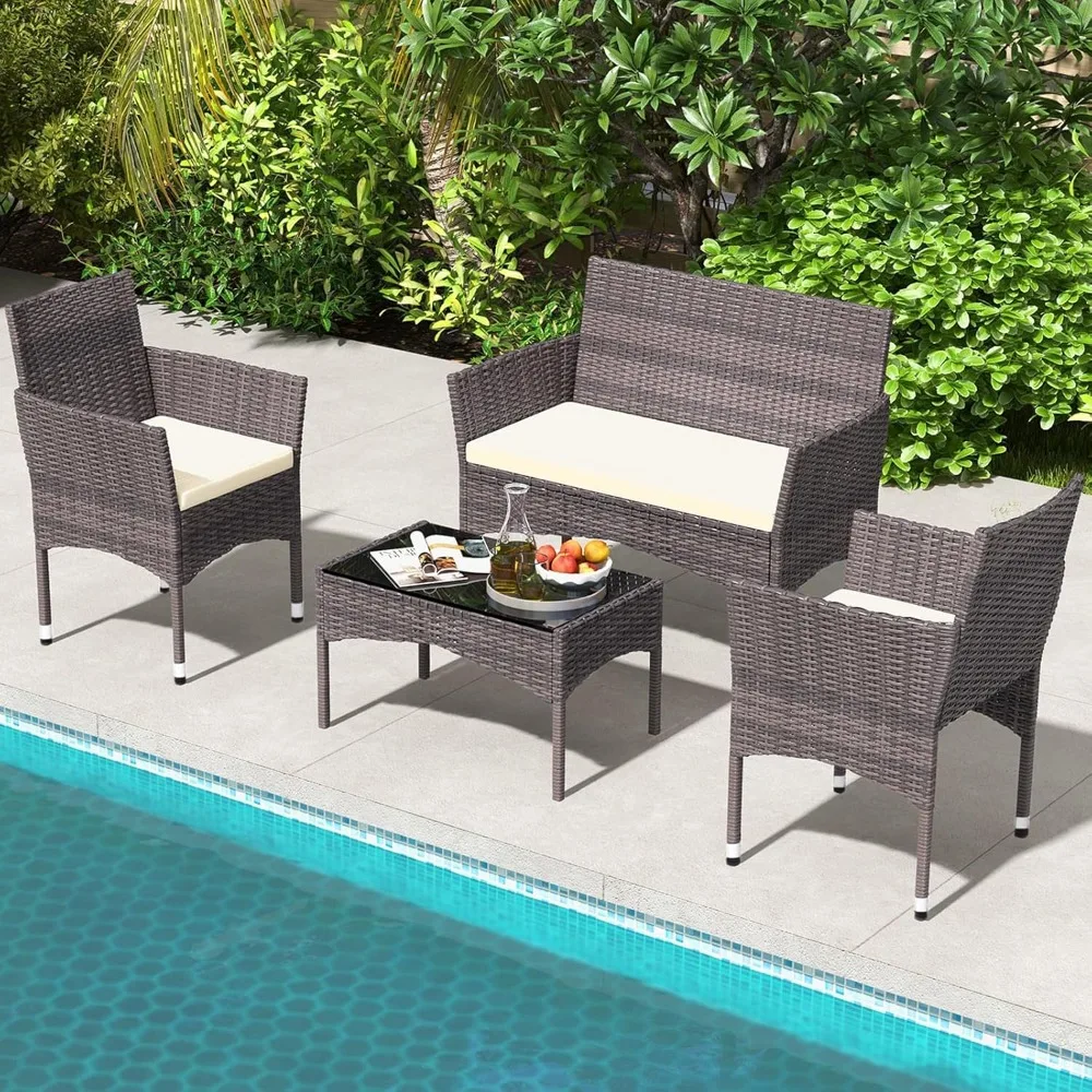

Outdoor Patio Furniture Sets, 4 Pieces Rattan Chairs Wicker Conversation Set with Tempered Glass Table, Cushion, for Yard, Gard
