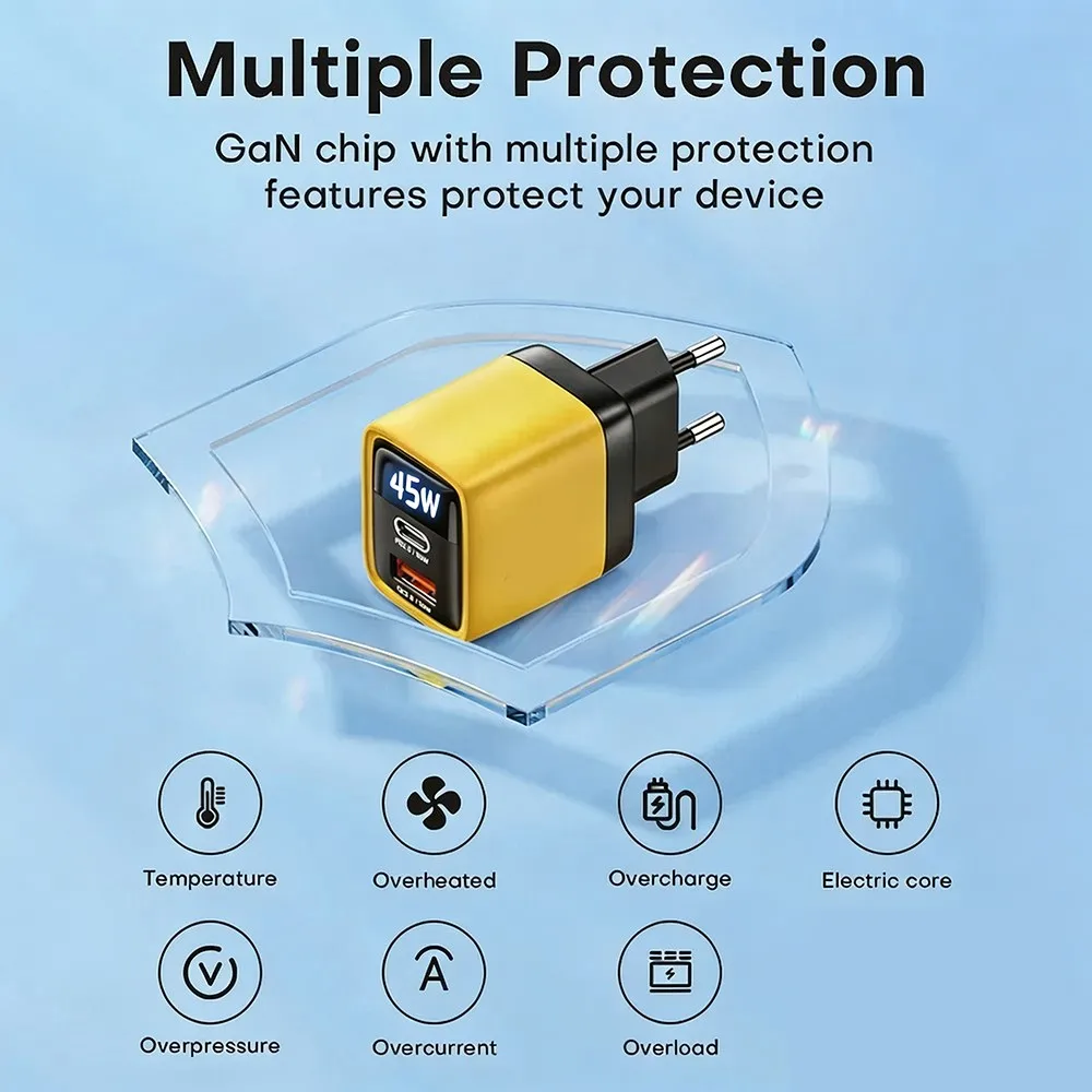 KEBIDUMEI 45W GaN Charger with LED Display USB Charger Type-C QC 3.0 Quick Charger EU Adapter USB C Fast Charge for Phone