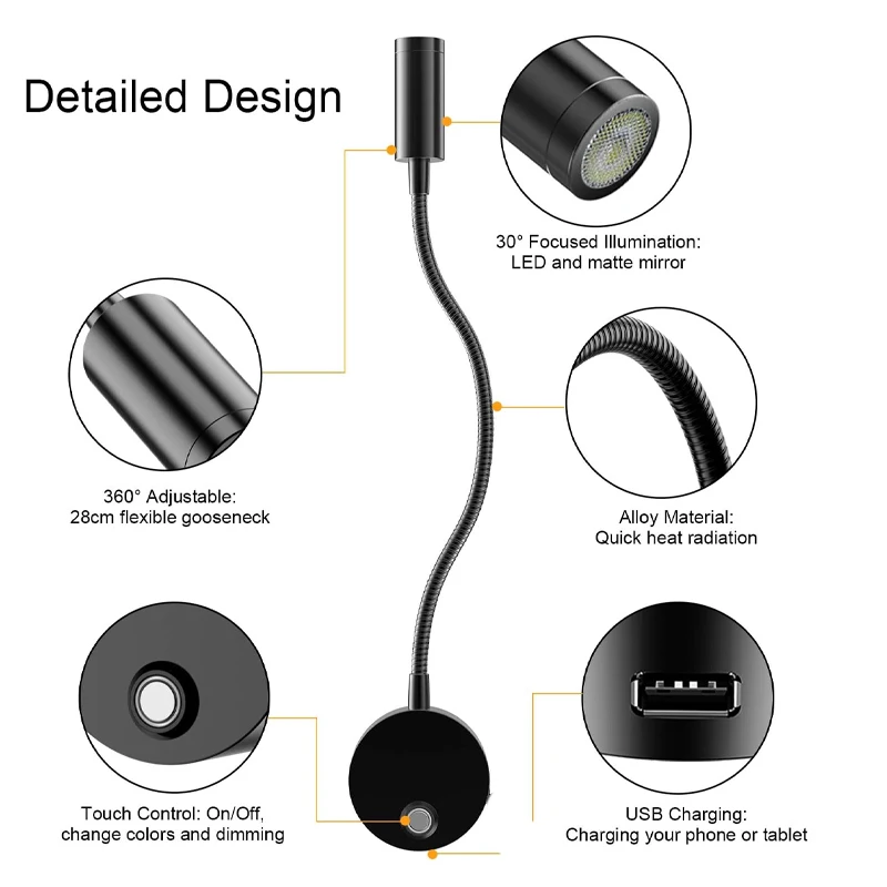 12-24 فولت LED الأضواء القراءة ضوء مرنة معقوفة مصباح 3 ألوان عكس الضوء RV الداخلية LED الإضاءة قارب ضوء الجدار مصباح #4