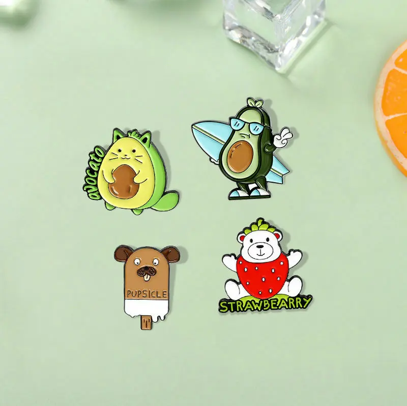 Fruit Enamel Pin Custom Dog popsicle Avocado Cat Bearberry Brooches Bag Lapel Pin Cartoon Badge Jewelry Gift for Kids Friends