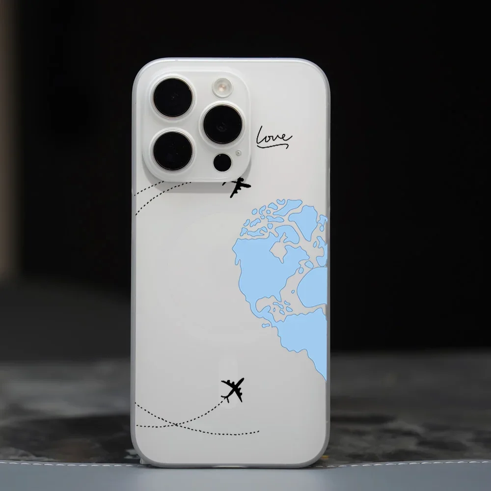 Pink Bule Love Art Airplane Couple Phone Case for iPhone 12 11 13 14 15 16 Max Pro Plus Magsafe Magnetic Wireless Cover