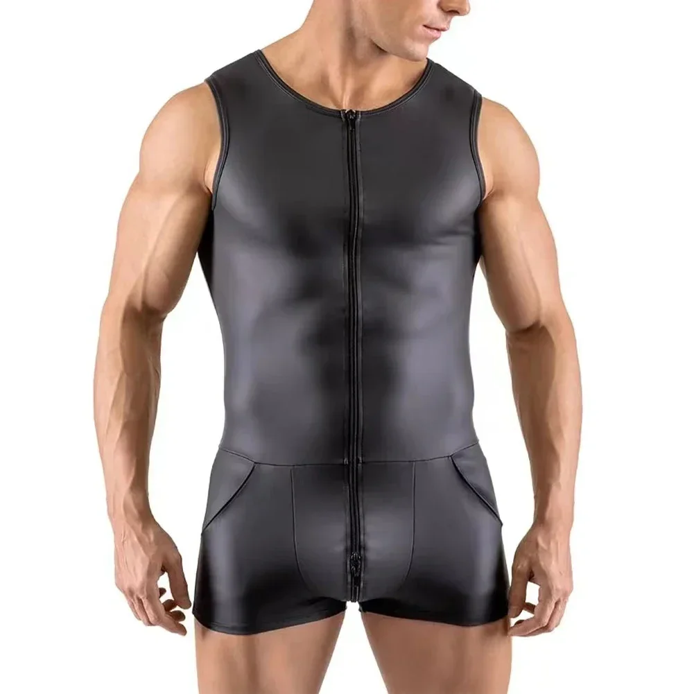 

Sexy Men Faux Leather Bodysuit Nightclub Costumes Tight Pouch Leotard Sleeveless Zip-up Open Crotch Jumpsuit Erotic Lingerie