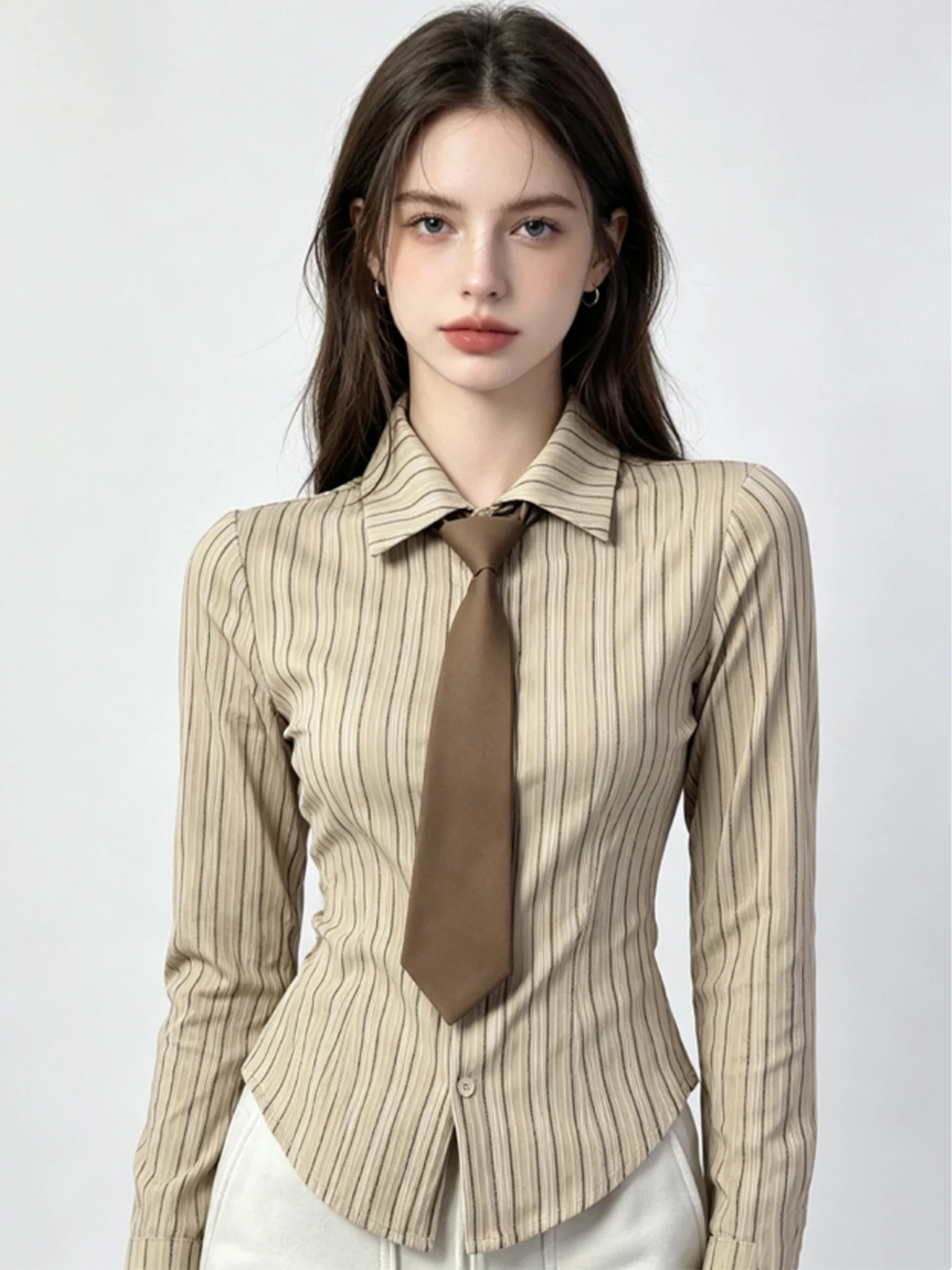 

Women's Khaki Striped Blouses and Shirts Preppy Style Long Sleeve Blouse Fashion Vintage Y2k Polo-Neck Shirt Clothes for Women