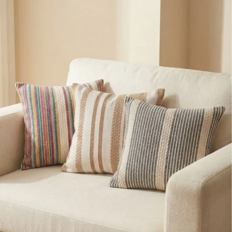 Striped Woven Jacquard Throw Pillow Covers Set Boho Mid Century Cotton Linen Cushion Cases Decorative for Home Sofa 18x18 Inch