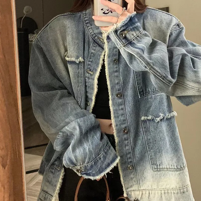 

Women Denim Jackets Gradient Casual Washed Streetwear All-match Vintage Baggy Outwear Classic Korean Style Chic New Teens Spring