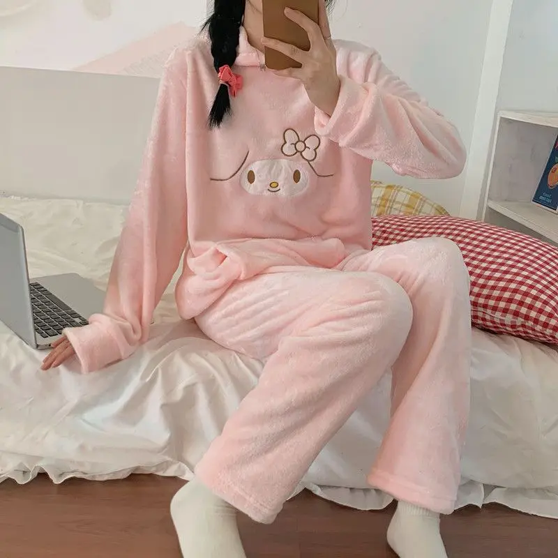 

Sanrios Kawaii Pajamas Cinnamoroll Girls Long Sleeve Trousers Thickened Suits Home Clothing Print Fashion Gift for Girlfriend