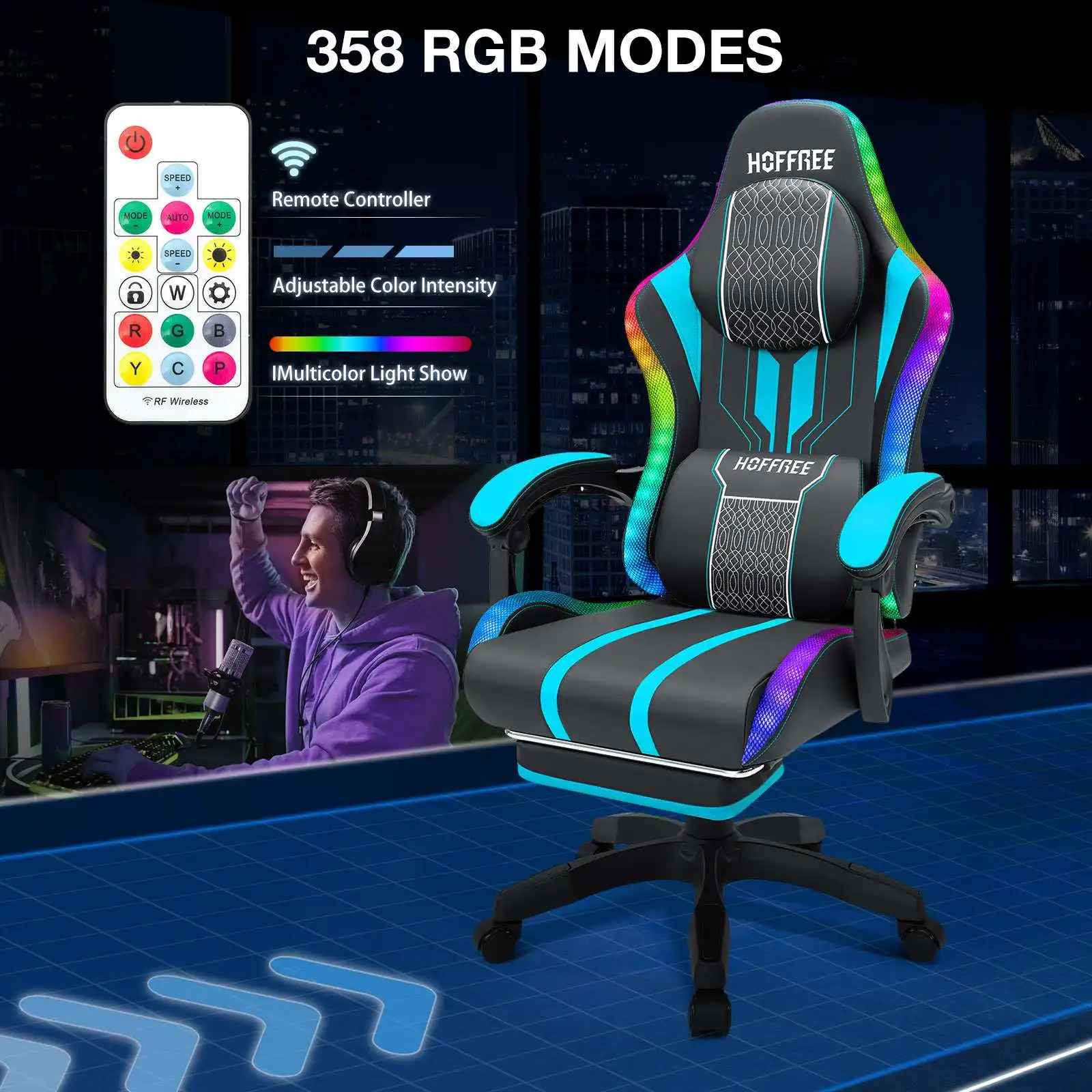 Игровое кресло RGB со светодиодной подсветкой и эргономичным компьютерным креем, Bluetooth-динамик, массажные регулируемые подлокотники