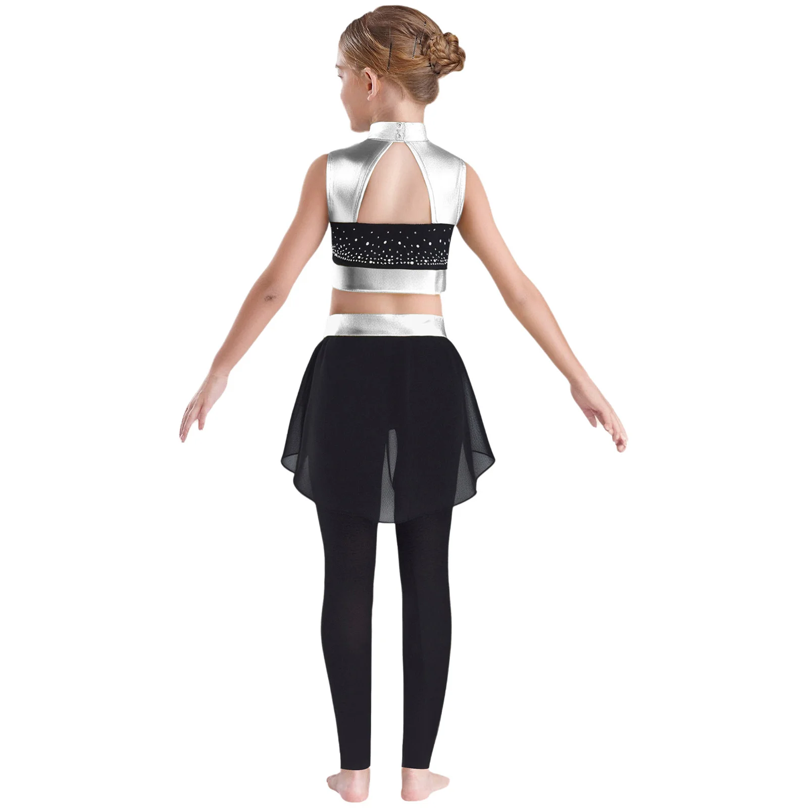 Ensembles de danse de Ballet, Costume de spectacle de patinage artistique pour enfants filles, sans manches, découpe au dos, strass, haut court métallique, pantalon