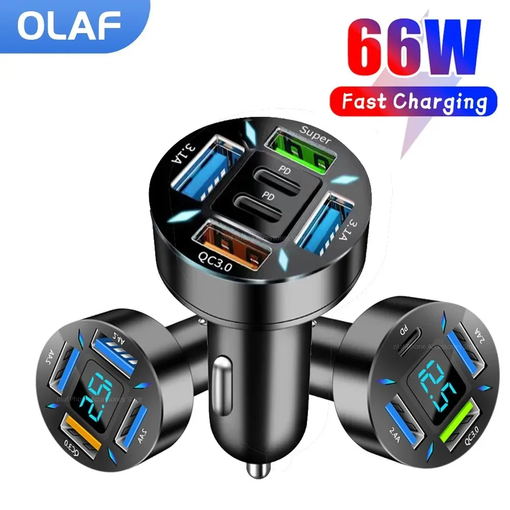 66W 4/6Ports USB Car Charger Type C Fast Charging PD Car Chargers Adapter for Iphone Xiaomi Samsung USB Type C Car Phone Charger